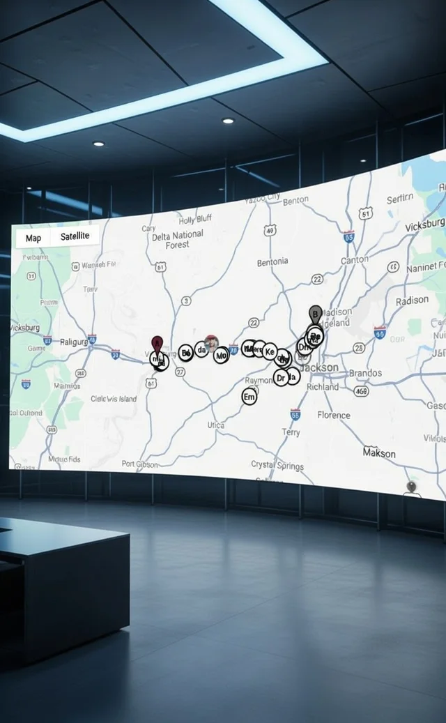 A logistics planning room with a map showing vehicle locations